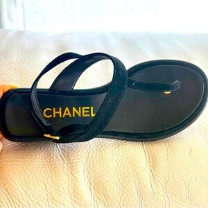 Chanel Black Sandals with Gold Accents